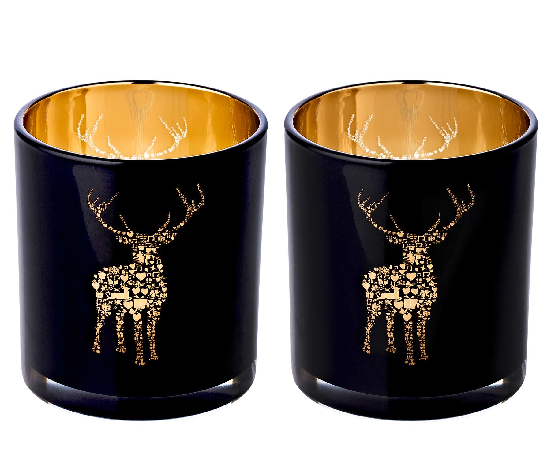 Teelichtglas Fancy 2er -Set schwarz & goldfarben Hirsch-Motiv